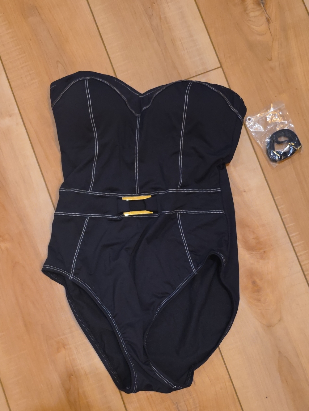 Bleu Rod Beattie Black Strapless One-Piece Swimsuit with Gold Accent